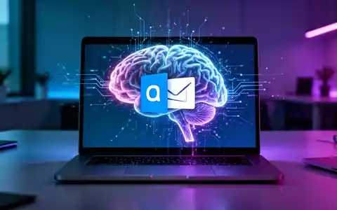 A glowing, stylized AI brain interface superimposed over a laptop screen showing the Microsoft Outlook logo in a modern office. - Foto: über boerse-global.de