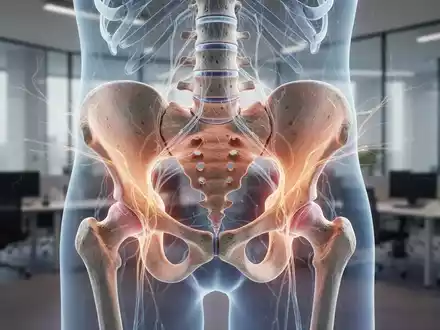 Eine detaillierte anatomische Illustration des menschlichen Beckens mit leuchtenden Nervenbahnen und einem verschwommenen Bürohintergrund. - Foto: über boerse-global.de