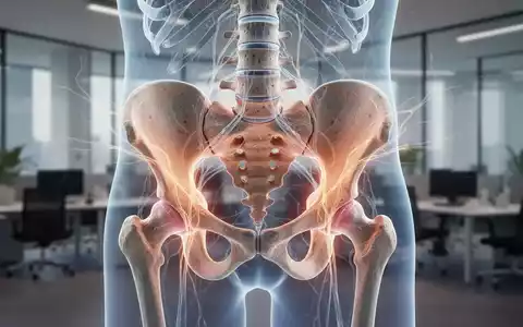 Eine detaillierte anatomische Illustration des menschlichen Beckens mit leuchtenden Nervenbahnen und einem verschwommenen Bürohintergrund. - Foto: über boerse-global.de