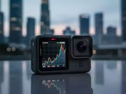 Eine GoPro-Kamera mit einem fallenden Aktienchart auf dem Bildschirm, vor dem Hintergrund einer verschwommenen Finanzmetropole. - Foto: über boerse-global.de