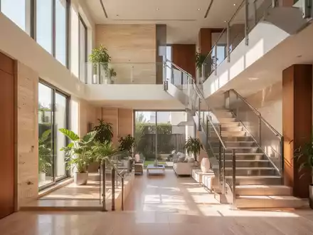Innenansicht eines modernen, lichtdurchfluteten Stadthauses mit hohen Decken, offener Treppe und natürlichen Materialien. - Foto: über boerse-global.de