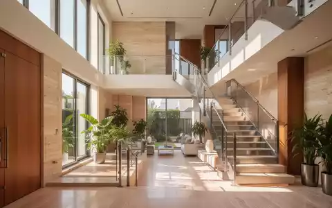 Innenansicht eines modernen, lichtdurchfluteten Stadthauses mit hohen Decken, offener Treppe und natürlichen Materialien. - Foto: über boerse-global.de