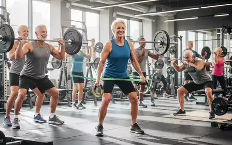 Eine vielfältige Gruppe von Erwachsenen mittleren Alters trainiert in einem hellen, modernen Fitnessstudio mit Gewichten und Widerstandsbändern. - Foto: über boerse-global.de