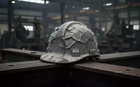 Ein zerknüllter gelber Schutzhelm eines deutschen Industriearbeiters liegt auf einem Stahlträger in einer leeren Fabrikhalle. - Foto: über boerse-global.de