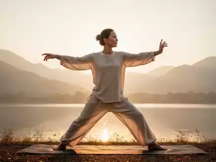 Eine Person praktiziert Qigong-Bewegungen bei Sonnenaufgang in einer ruhigen Landschaft, die Ruhe und Gesundheit ausstrahlt. - Foto: über boerse-global.de