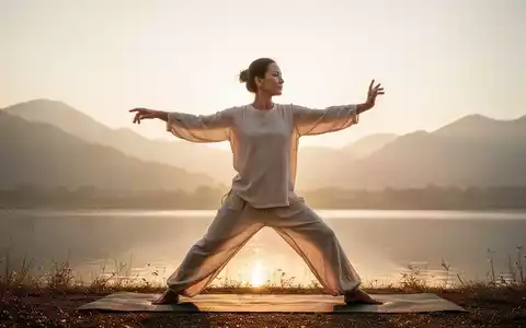Eine Person praktiziert Qigong-Bewegungen bei Sonnenaufgang in einer ruhigen Landschaft, die Ruhe und Gesundheit ausstrahlt. - Foto: über boerse-global.de