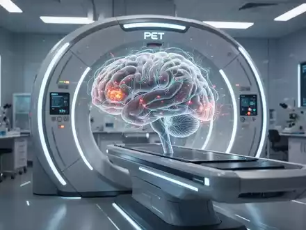Ein futuristischer PET-Scanner mit leuchtenden Elementen, der ein detailliertes, durchscheinendes 3D-Gehirnmodell scannt, das neuronale Pfade zeigt. - Foto: über boerse-global.de