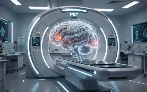 Ein futuristischer PET-Scanner mit leuchtenden Elementen, der ein detailliertes, durchscheinendes 3D-Gehirnmodell scannt, das neuronale Pfade zeigt. - Foto: über boerse-global.de