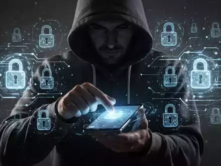Eine schattenhafte Figur versucht, ein leuchtendes Smartphone zu entsperren, umgeben von digitalen Sicherheitssymbolen. - Foto: über boerse-global.de