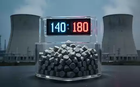 Uranpellets in einem Behälter mit digitalen Zahlen 140 und 180, angedeutetes Atomkraftwerk im Hintergrund. - Foto: über boerse-global.de