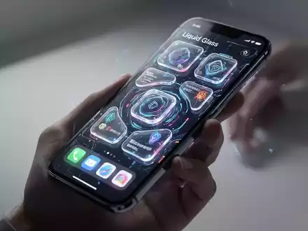 A close-up of a smartphone screen displaying futuristic, interactive widgets with a transparent 'Liquid Glass' design on its home screen. - Foto: über boerse-global.de