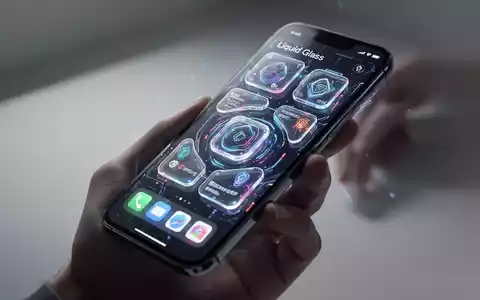 A close-up of a smartphone screen displaying futuristic, interactive widgets with a transparent 'Liquid Glass' design on its home screen. - Foto: über boerse-global.de