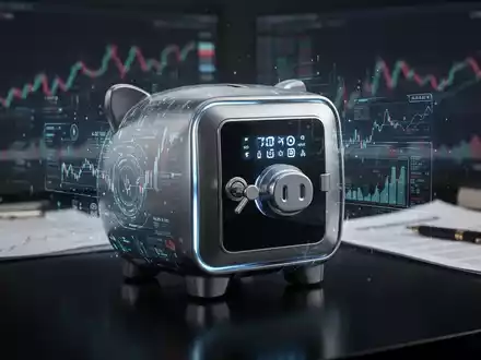 Ein stilisiertes, modernes Sparschwein in Form eines digitalen Safes, umgeben von Finanzdatenströmen und unscharfen Dokumenten. - Foto: über boerse-global.de
