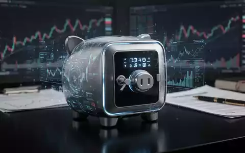 Ein stilisiertes, modernes Sparschwein in Form eines digitalen Safes, umgeben von Finanzdatenströmen und unscharfen Dokumenten. - Foto: über boerse-global.de