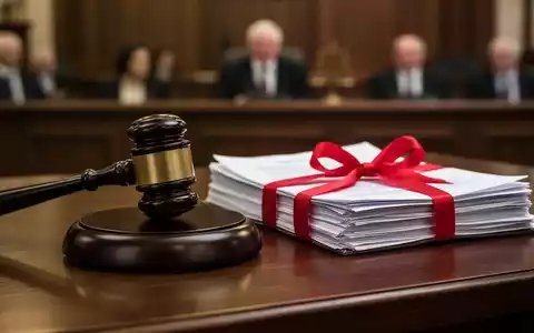 Ein Richterhammer liegt auf einem dunklen Holzschreibtisch neben einem Stapel von Rechtsdokumenten, die mit einem roten Band zusammengebunden sind, vor einem unscharfen Gerichtssaalhintergrund. - Foto: über boerse-global.de
