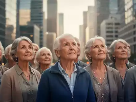 Eine Gruppe von Senioren der Babyboomer-Generation steht nachdenklich vor einer unscharfen Stadtkulisse, die den Renteneintritt symbolisiert. - Foto: über boerse-global.de