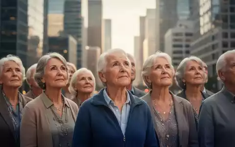 Eine Gruppe von Senioren der Babyboomer-Generation steht nachdenklich vor einer unscharfen Stadtkulisse, die den Renteneintritt symbolisiert. - Foto: über boerse-global.de