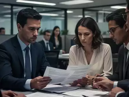 Eine Gruppe von Anwälten in einem modernen Büro prüft konzentriert Dokumente, die die Komplexität von Entlassungen und Arbeitsrecht symbolisieren. - Foto: über boerse-global.de