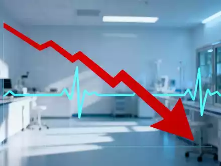 Ein Börsenchart mit einem starken roten Abwärtstrend, überlagert von einem stilisierten Herzmonitor auf sterilem Laborhintergrund. - Foto: über boerse-global.de