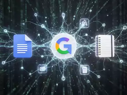 A glowing neural network visually connecting icons for Google Docs, Gemini, and a notebook, symbolizing AI integration and automation. - Foto: über boerse-global.de