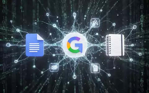 A glowing neural network visually connecting icons for Google Docs, Gemini, and a notebook, symbolizing AI integration and automation. - Foto: über boerse-global.de