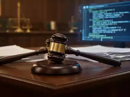 A judge's gavel on a dark wooden bench in a German courtroom, symbolizing a legal ruling on AI liability. - Foto: über boerse-global.de