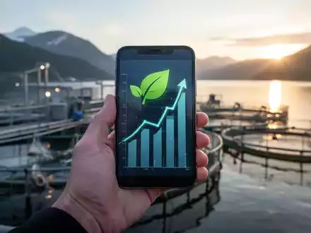 Eine Hand hält ein Smartphone mit einem steigenden Diagramm und einem grünen Blatt-Symbol. Im Hintergrund eine Aquakulturanlage. - Foto: über boerse-global.de