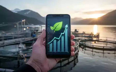 Eine Hand hält ein Smartphone mit einem steigenden Diagramm und einem grünen Blatt-Symbol. Im Hintergrund eine Aquakulturanlage. - Foto: über boerse-global.de