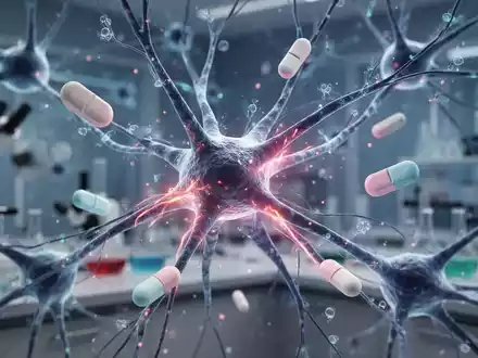 Nahaufnahme eines neuronalen Netzwerks mit leuchtenden Verbindungen, überlagert mit stilisierten Pillenformen, vor einem unscharfen Laborhintergrund. - Foto: über boerse-global.de