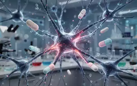 Nahaufnahme eines neuronalen Netzwerks mit leuchtenden Verbindungen, überlagert mit stilisierten Pillenformen, vor einem unscharfen Laborhintergrund. - Foto: über boerse-global.de