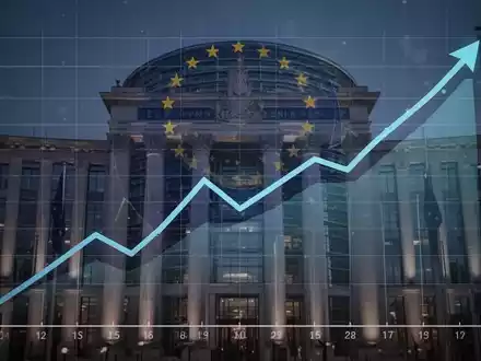 Ein stilisierter Chart mit steigenden Zinsen und einem abstrakten EZB-Gebäude im Hintergrund, der wirtschaftliche Trends darstellt. - Foto: über boerse-global.de