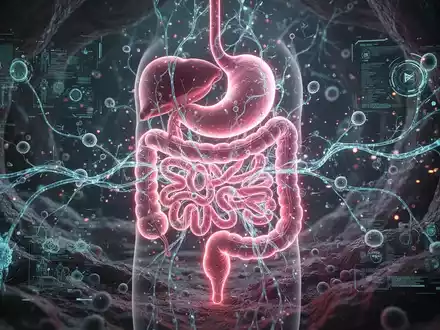 Eine futuristische, leuchtende Darstellung des menschlichen Darms, durchzogen von Datenströmen, symbolisiert Darmgesundheit und digitale Medizin. - Foto: über boerse-global.de