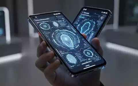 A sleek, futuristic smartphone with a glowing screen displaying advanced AI interfaces and biometric security features in a modern setting. - Foto: über boerse-global.de