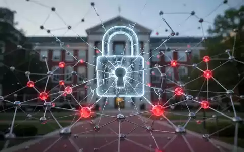 A glowing, cracked digital lock icon over a complex network, with a blurred university campus in the background, symbolizing a cyber breach. - Foto: über boerse-global.de