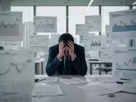 Eine Person sitzt nachdenklich an einem Schreibtisch, umgeben von verschwommenen Diagrammen und Dokumenten, die mentale und wirtschaftliche Belastungen symbolisieren. - Foto: über boerse-global.de