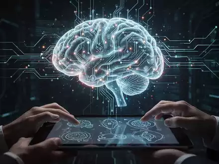 Eine stilisierte, leuchtende Gehirnstruktur aus digitalen Schaltungen und Datenströmen, die auf einem Tablet angezeigt wird. - Foto: über boerse-global.de