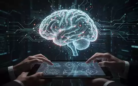 Eine stilisierte, leuchtende Gehirnstruktur aus digitalen Schaltungen und Datenströmen, die auf einem Tablet angezeigt wird. - Foto: über boerse-global.de