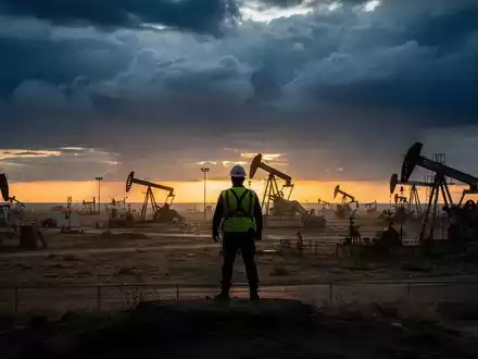 Ein einsamer Arbeiter auf einer Ölplattform blickt auf ein Ölfeld bei Sonnenuntergang und stürmischem Himmel. - Foto: über boerse-global.de