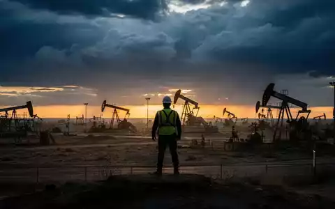 Ein einsamer Arbeiter auf einer Ölplattform blickt auf ein Ölfeld bei Sonnenuntergang und stürmischem Himmel. - Foto: über boerse-global.de