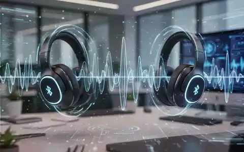 A digital interface with glowing lines connecting two Bluetooth headphones, symbolizing audio streaming and connectivity updates. - Foto: über boerse-global.de