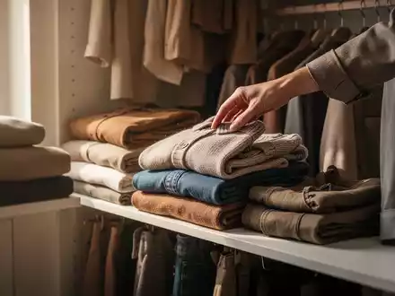 Eine Hand greift in einen aufgeräumten Kleiderschrank voller gebrauchter Kleidung in gedeckten Farben, die Nachhaltigkeit symbolisiert. - Foto: über boerse-global.de