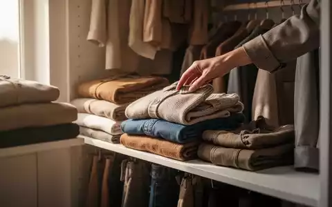Eine Hand greift in einen aufgeräumten Kleiderschrank voller gebrauchter Kleidung in gedeckten Farben, die Nachhaltigkeit symbolisiert. - Foto: über boerse-global.de