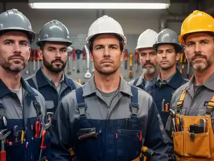 Nahaufnahme einer Gruppe von Handwerkern in Arbeitskleidung in einer Werkstatt. Sie blicken entschlossen und zusammenhaltend. - Foto: über boerse-global.de