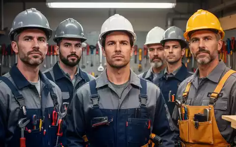 Nahaufnahme einer Gruppe von Handwerkern in Arbeitskleidung in einer Werkstatt. Sie blicken entschlossen und zusammenhaltend. - Foto: über boerse-global.de