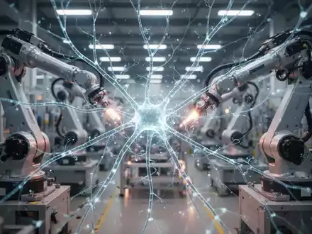 Neural pathways overlaid on a factory floor with robotic arms, symbolizing AI's integration into industrial operations. - Foto: über boerse-global.de