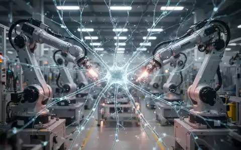 Neural pathways overlaid on a factory floor with robotic arms, symbolizing AI's integration into industrial operations. - Foto: über boerse-global.de