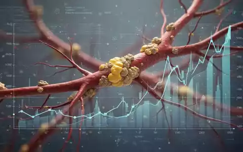 Eine stilisierte Darstellung von Blutgefäßen mit Cholesterinablagerungen und digitalen Finanzdiagrammen im Hintergrund. - Foto: über boerse-global.de