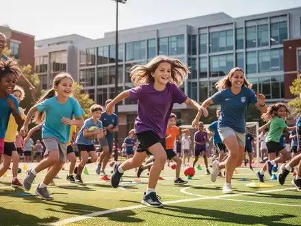 Kinder und Erwachsene nehmen an einem Sportevent auf einem Universitäts-Campus teil, im Hintergrund ein modernes Gebäude. - Foto: über boerse-global.de
