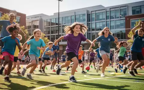Kinder und Erwachsene nehmen an einem Sportevent auf einem Universitäts-Campus teil, im Hintergrund ein modernes Gebäude. - Foto: über boerse-global.de