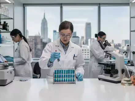 Wissenschaftler arbeiten in einem modernen Pharmalabor mit New Yorker Skyline im Hintergrund. - Foto: über boerse-global.de